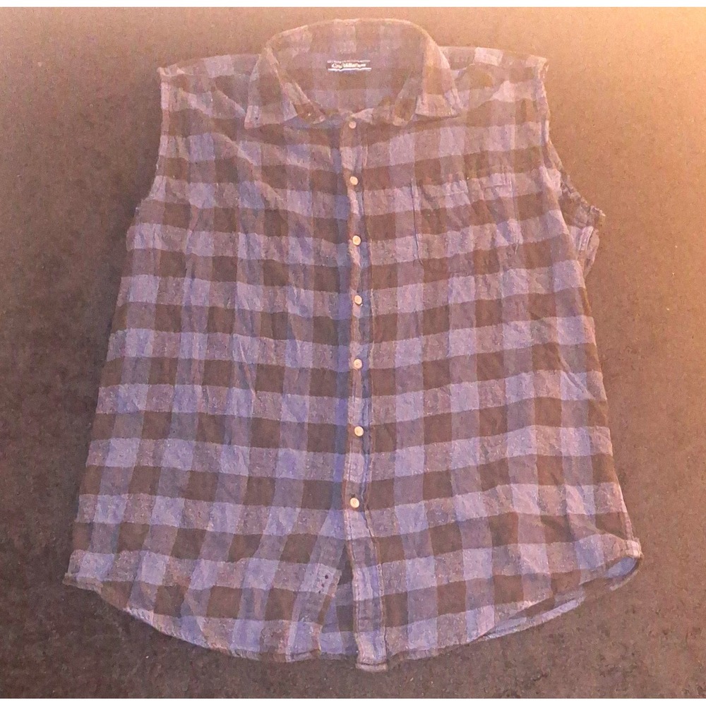 Croft & Barrow Plaid Button-Up Shirt LT Blue Black Point Collar Sleeveless